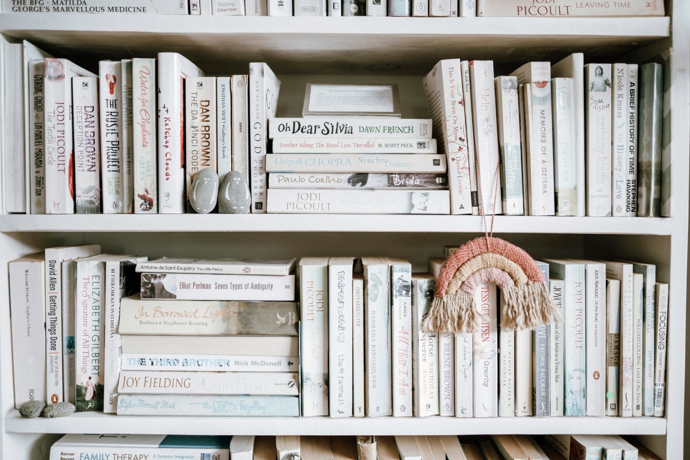 A white bookshelf with white books.