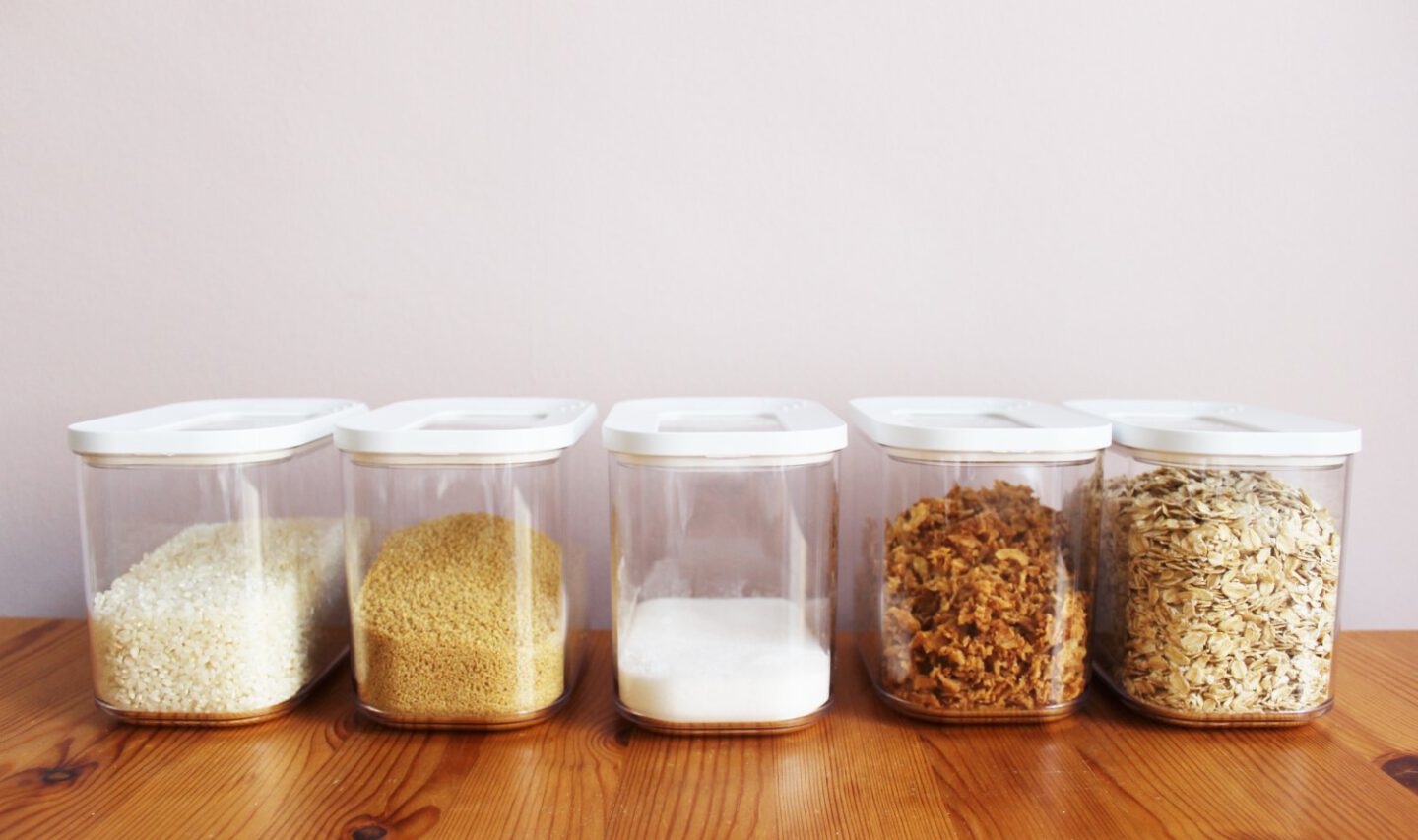 Rice, oatmeal and other food in plastic storage container